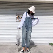 Для женщин ретро Высокая Талия потертые джинсы из денима ремни широкие брюки джинсовый комбинезон пряжки карманов Повседневное женские джинсовые комбинезоны