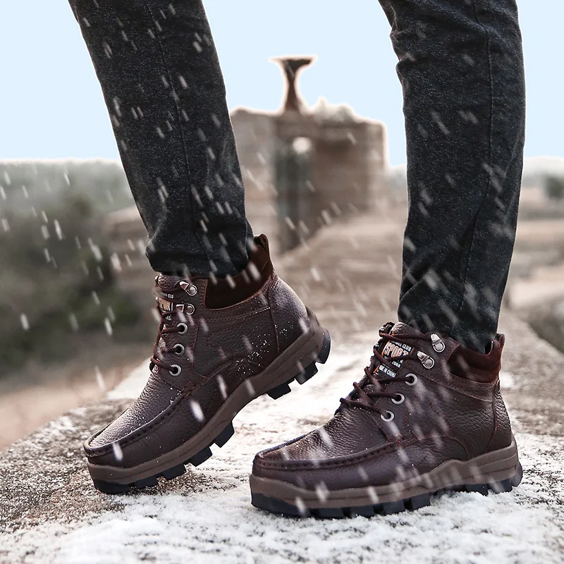 

Large size 12 13 Fashion Natural Winter keep warm Boots Genuine Leather with Fur Handmade Men comfortable Winter Snow Boots w4