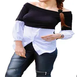 С открытыми плечами рубашка с длинными рукавами Черный и белый лоскутное Костюмы Для женщин Повседневная Блузка