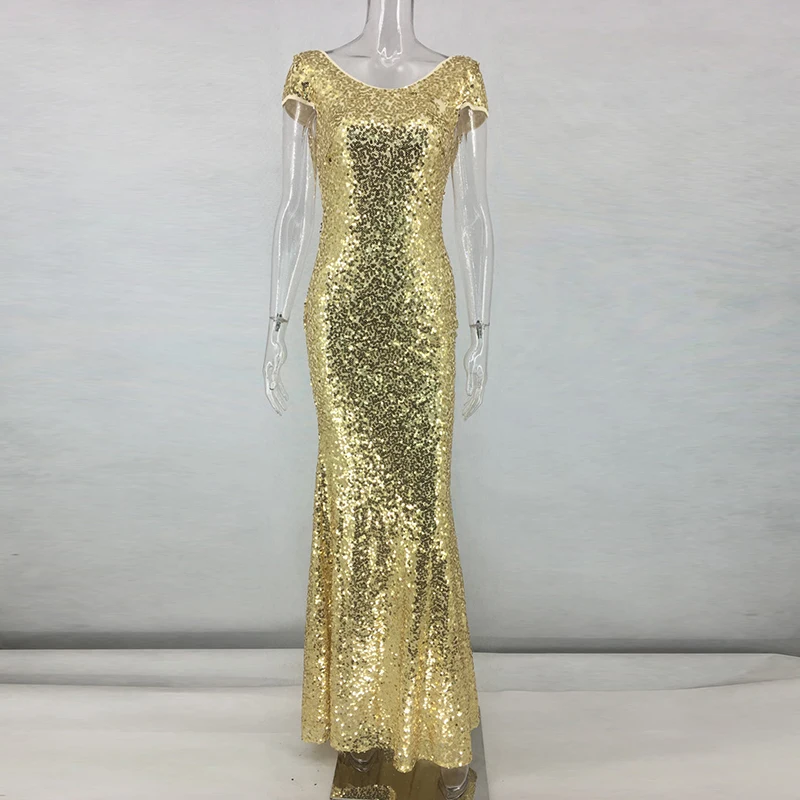 Backless Draped Gold Sequin Short Sleeve Maxi Dress Summer Women O Neck Mermaid Long Dress Sexy Elegant Evening Party Dress