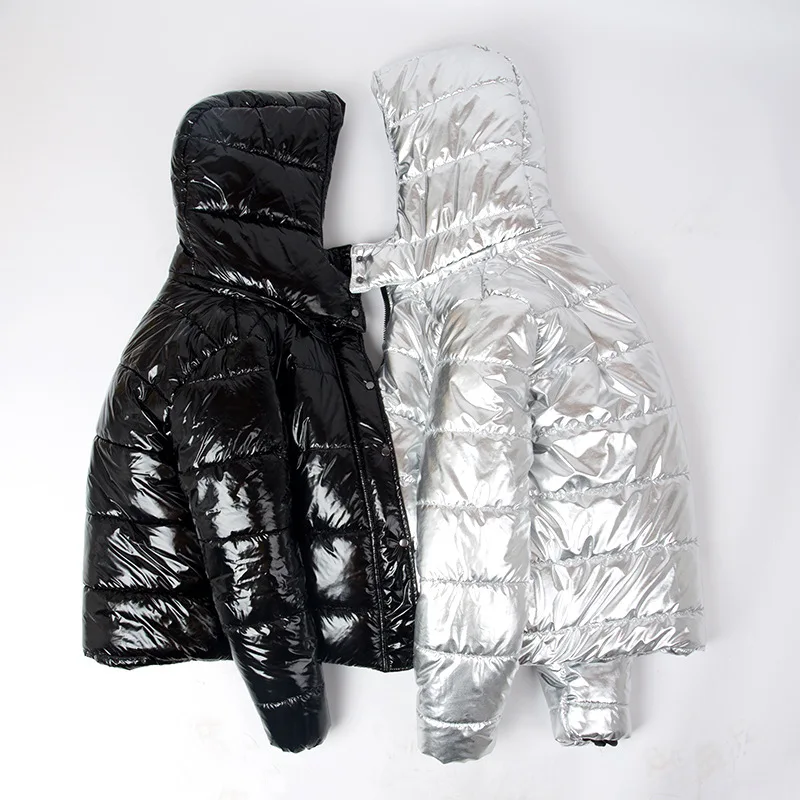 Короткая теплая пуховая хлопковая куртка с капюшоном, новинка, серебристые глянцевые парки с хлопковой подкладкой для женщин, зимнее свободное пушистое пальто