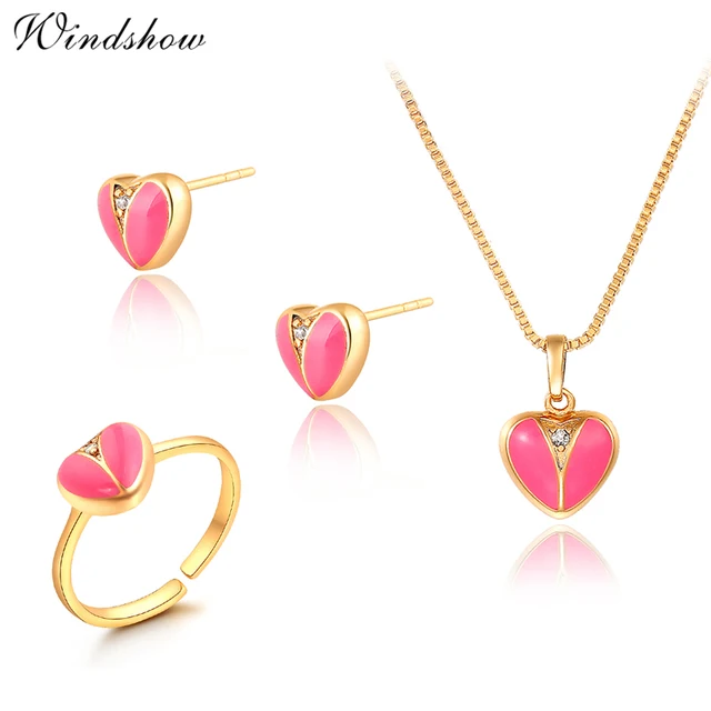 Gold Color Pink Peach Love Heart Cz Zircon Stud Earrings Ring Gold Color Pink Peach Love Heart Cz Zircon Stud Earrings Ring Pendant Necklace Small Jewelry Sets