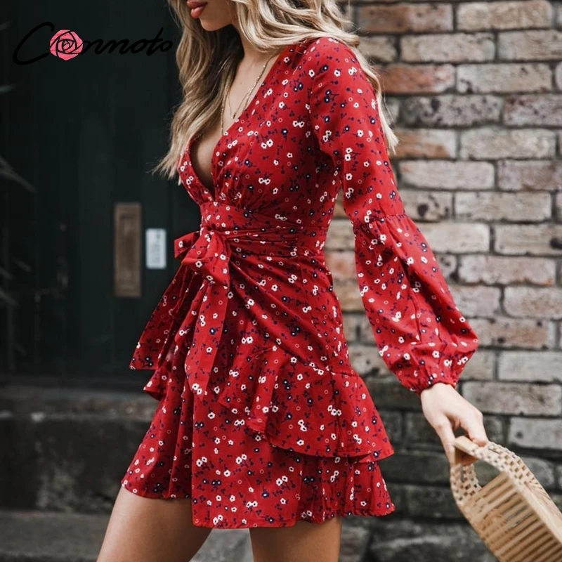 Conmoto Ruffles Long Sleeve Women Dress Bow Red Bohemian Beach Casual Dress Party V Neck Sexy Autumn Winter Dress Vestidos