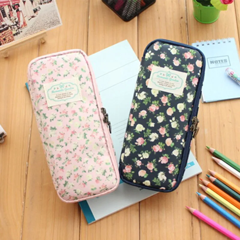 

Vintage Large Capacity Canvas Pencil Case Waterproof Stationery School Supplies Pen Bag Flower Holder Girl Women Student Gift