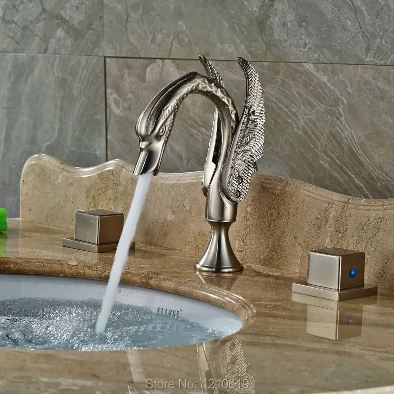 

Newly Swan Style Bathroom Sink Faucet Dual Handles Nickel Brushed Luxury Basin Mixer Tap Deck Mounted