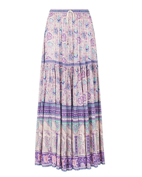 Everkaki Boho Gypsy длинная юбка с принтом, Женская хлопковая юбка с эластичным поясом, сиреневая богемная юбка для женщин, весна-лето, новинка