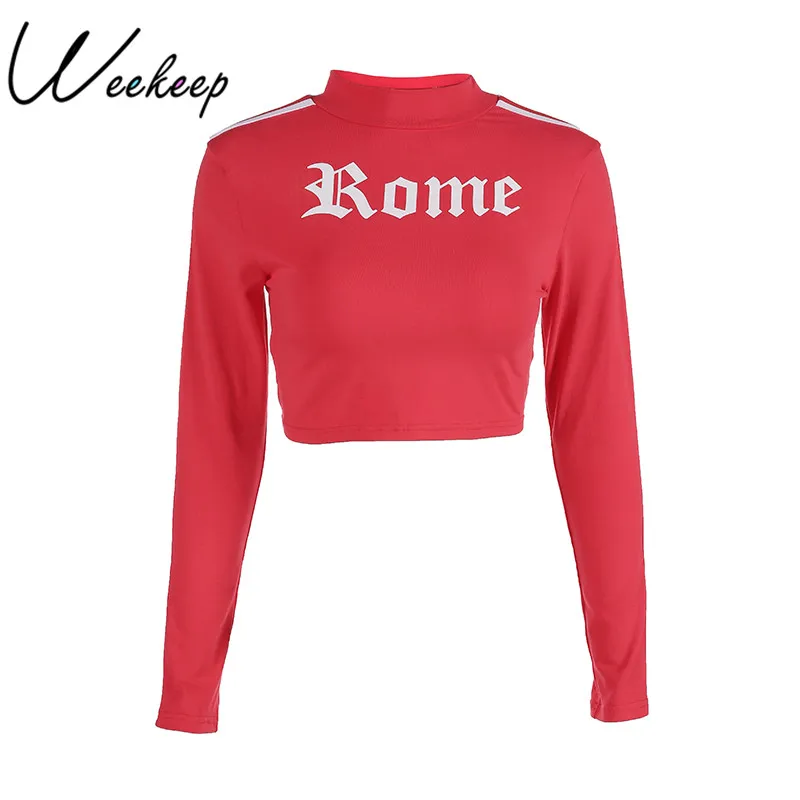 

Weekeep Women 2017 Fashion Stripped Letter Print Sweatshirt Red Knitted Cropped Hoodies Sexy Moletom Feminino Pullovers Tops