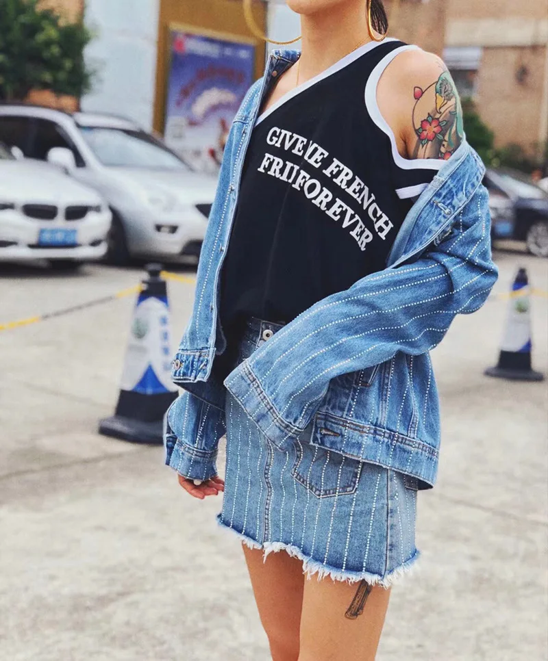 Femmes Outwear Bling Bleu Nouvelles Diamants Poches Manteaux Denim De Streetwear Femme Lourd Cakucool Rayé Perles Veste Luxe 5wRCqvv