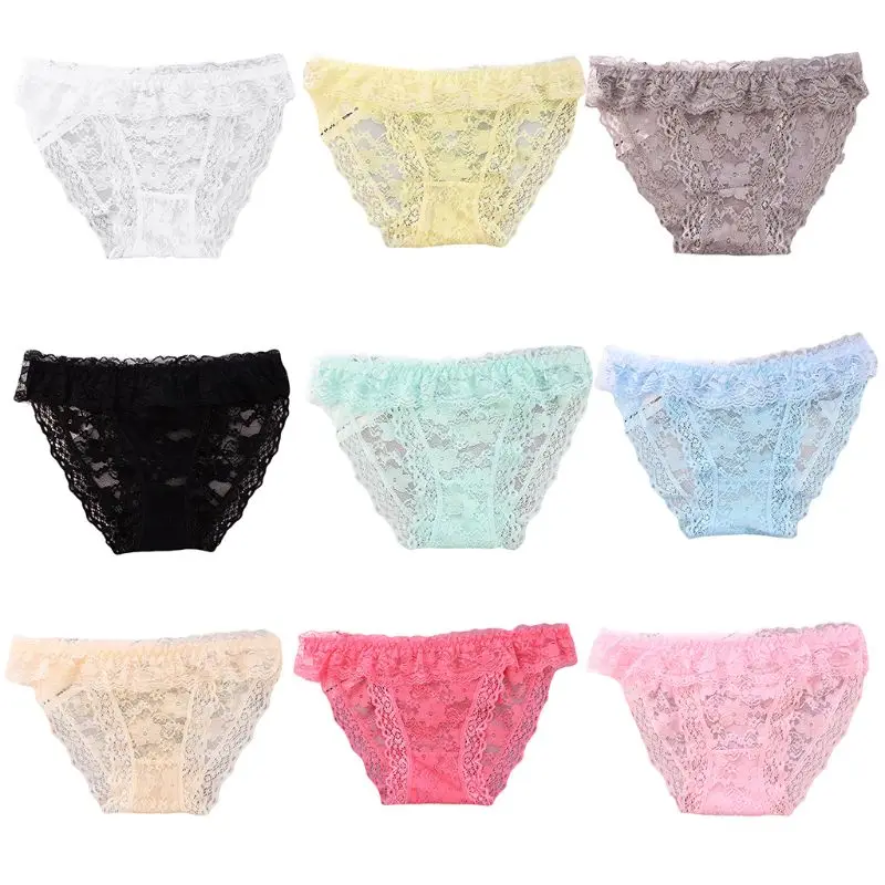 

Womens Sexy Sheer Low Waist Underwear Solid Candy Color Crochet Floral Lace Panties Ruffles Seamless Thong Lingerie Briefs