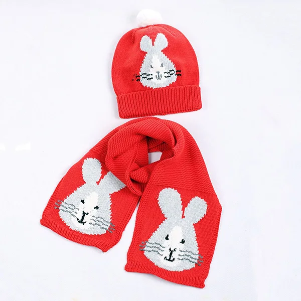 Вязаная шапка для девочек, комплект с шарфом для малышей, хлопковая теплая зимняя шапочка с помпоном в виде кролика, Осенний головной убор для мальчиков, лыжный аксессуар для улицы - Цвет: red