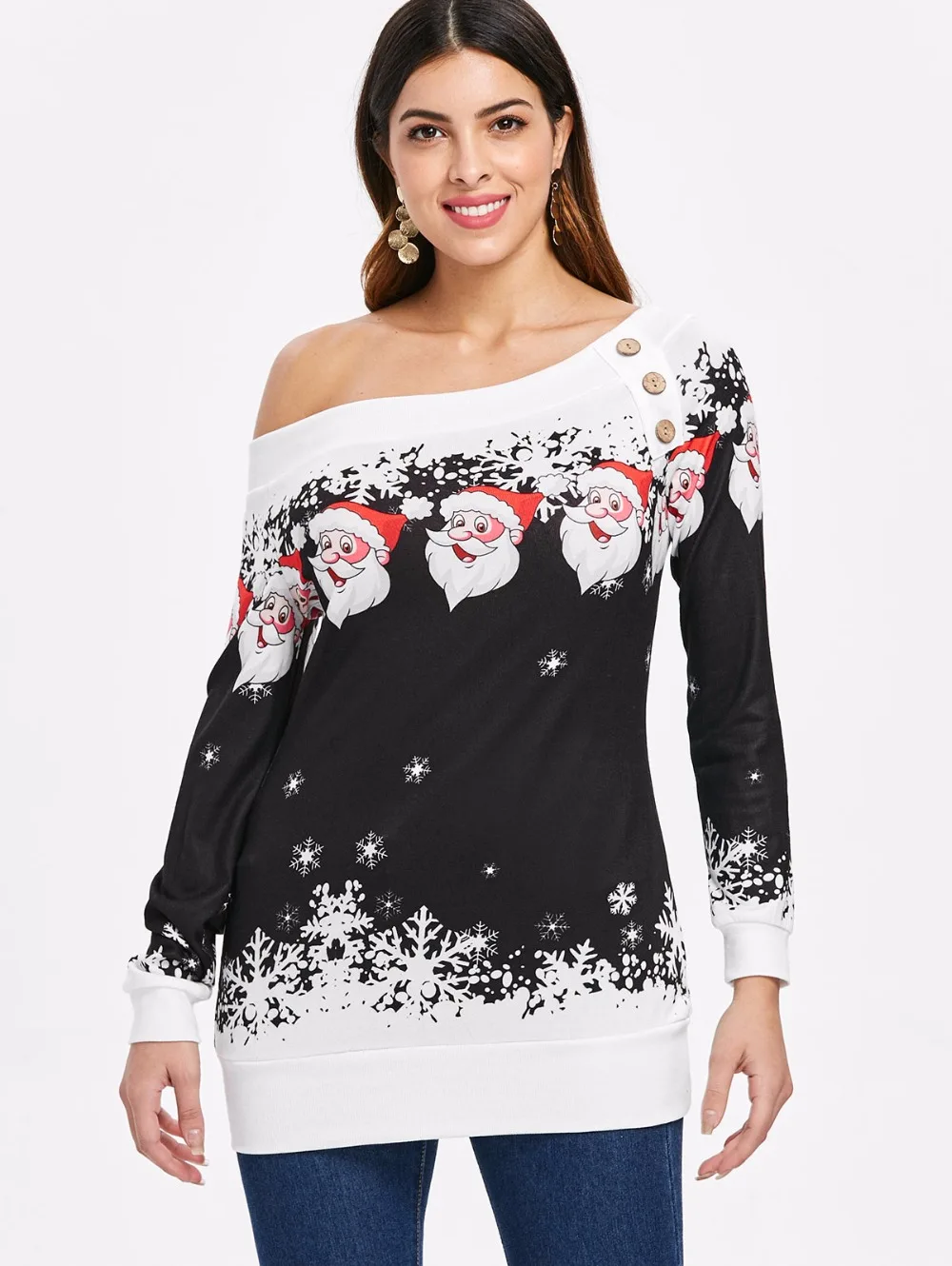 VESTLINDA Christmas T Shirt Santa Claus Snowflake T-Shirt Skew Neck Pullover Jumper 2017 Autumn Women Tshirt Fashion Button Tops 2