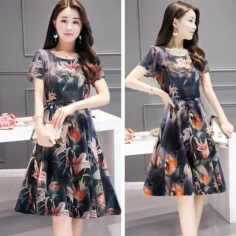 

Yfashion Mesh Vintage Women Summer Elegant Pleated Medium-length Floral Printed Casual Dresses Female Dress
