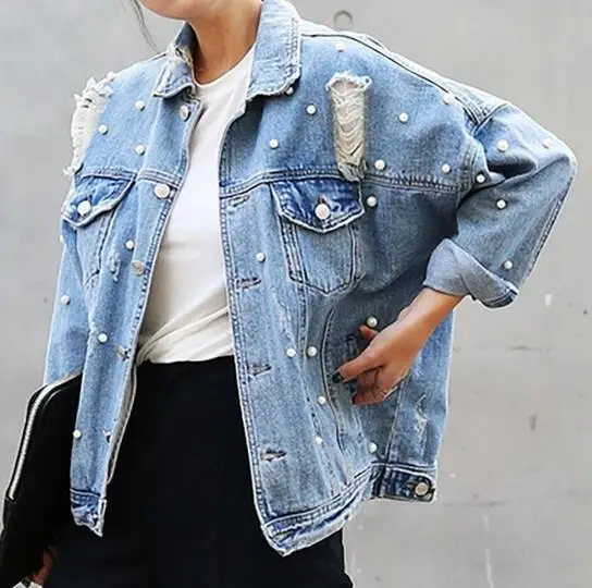Giacca Denim Vintage Donna Con Perline E Perle - Stile Strappato
