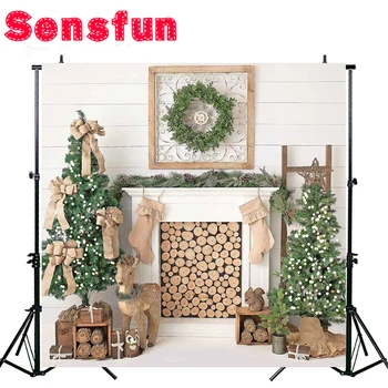 

Sensfun Christmas Tree Backdrop Fireplace Photo Background White Brick Wall Photography Backdrops for Wood Floor Props 10X10FT