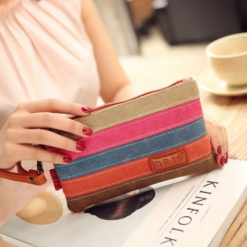 

Women's Canvas Striped Panelled Handbag 2019 Female Fashion Long Coin Cluthes Ladies Letter Print Shopping Travel Cell Phone Bag