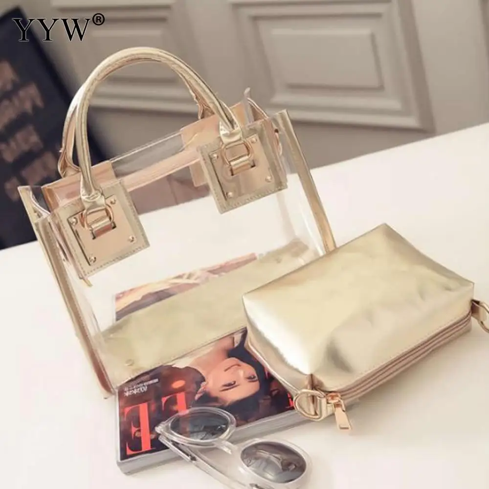 

Transparent Gold Tote Bags Set Buy 1 Get 2 Women's PVC Handbags Famous Brands Lady's Clutch Bag Luxury Women Top-handle Bag