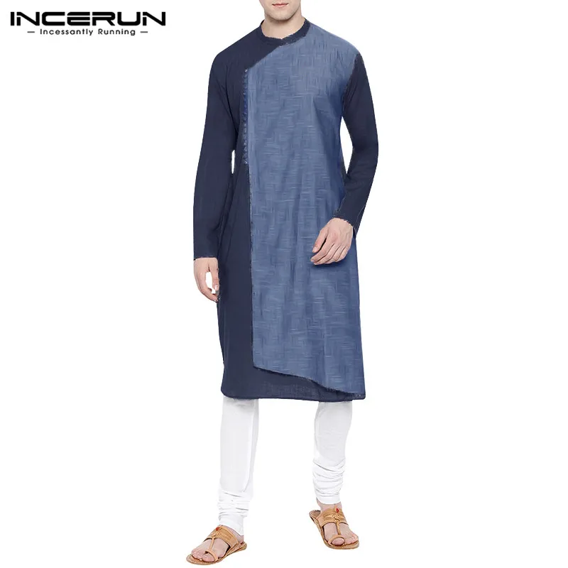 INCERUN Muslim Clothes Men Islamic Arab Kaftan Cotton Long Sleeve Patchwork Middle East Saudi Arabia Men Robes Jubba Thobe