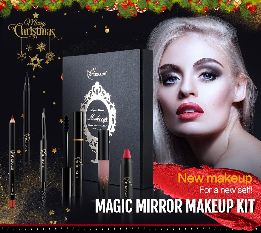 Magic Mirror Makeup Kit Eyelashes mascara + eyeliner + Eyebrow pencil + Lip liner + Liquid lipstick Long Lasting Brand Make Up (1)
