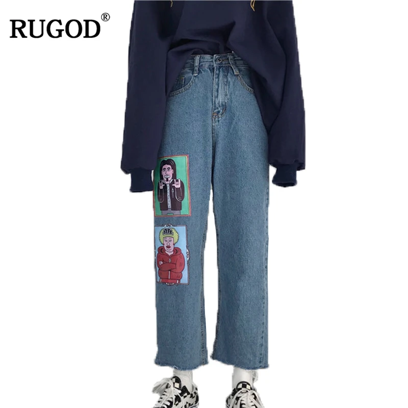 Rugod модные Высокая талия джинсы с принтом из мультиков для Для женщин трикотажные прямой холст свободные Повседневное пят Брюки для