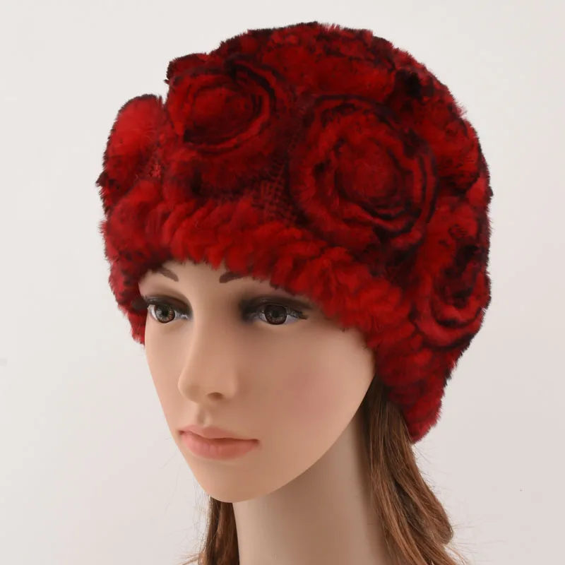 

Women Winter Rex Rabbit Fur Knitted Hat Caps Multi Color Flowers Type Casual Real Rabbit Hat Fur Flower Headgear Winter womens'