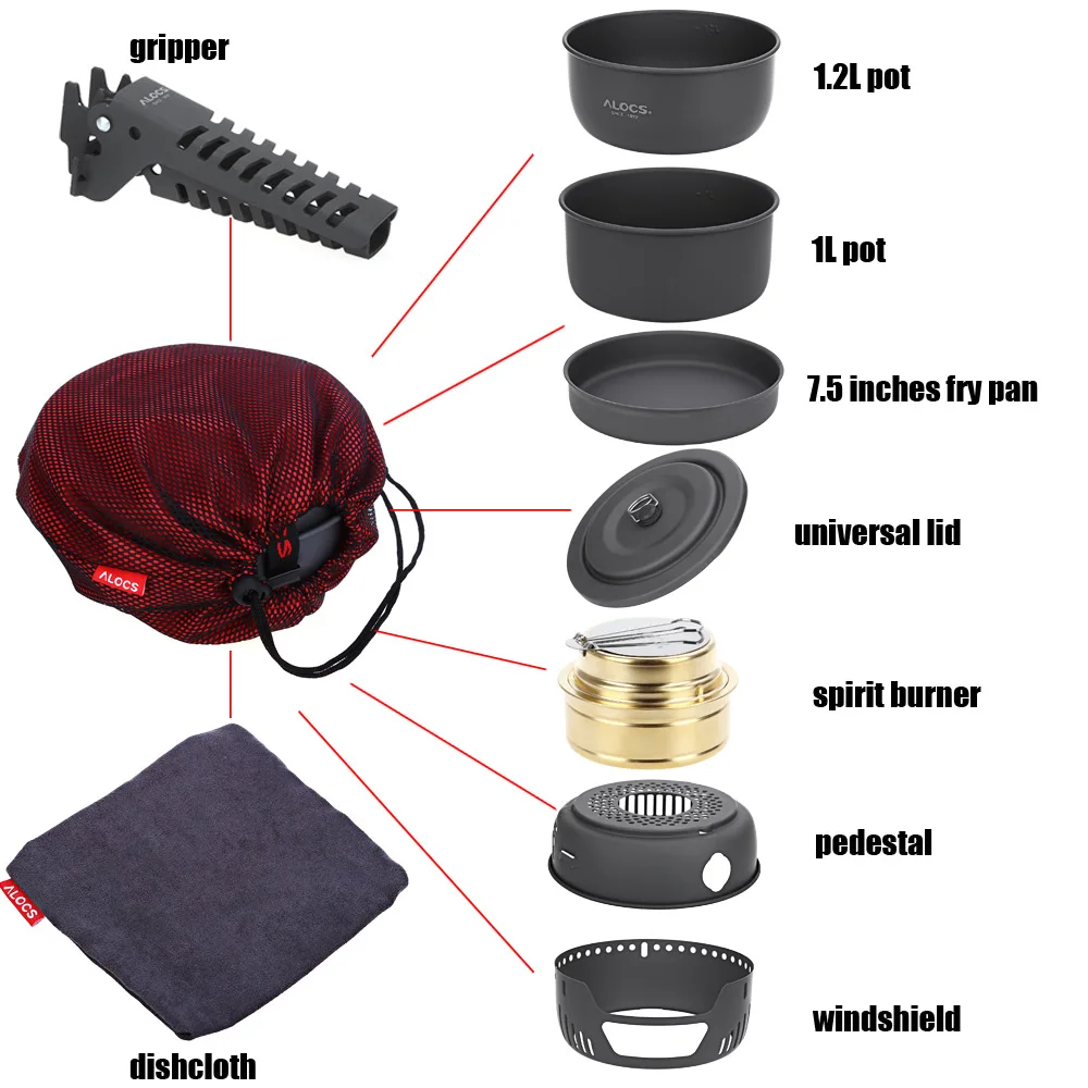 Alocs cw-c05 10 unids camping cocinero set portátil 2-4 persona al aire libre senderismo picnic Barbacoas Utensilios de cocina Bowl conjunto con pan pinza olla