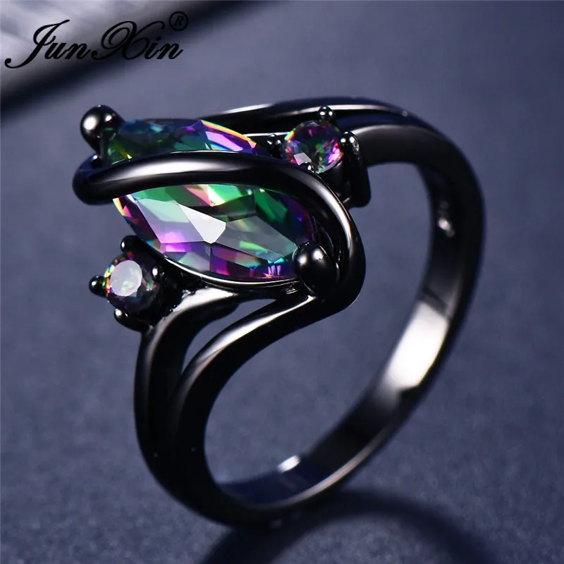 JUNXIN Fashion Male Female Rainbow Fire Zircon Wedding Rings For Men Women Black Gold Filled Horse Eye Stone S Wave Couples Ring