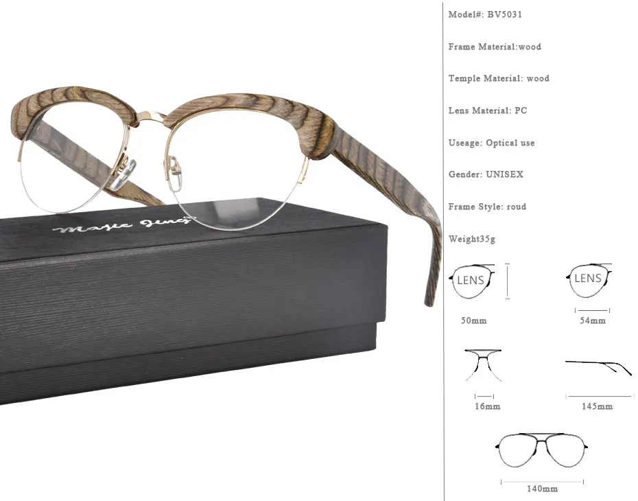 Magic Jing старую древесину очки с полуободками деревянные оптические устройства с пружинным шарниром BV5031