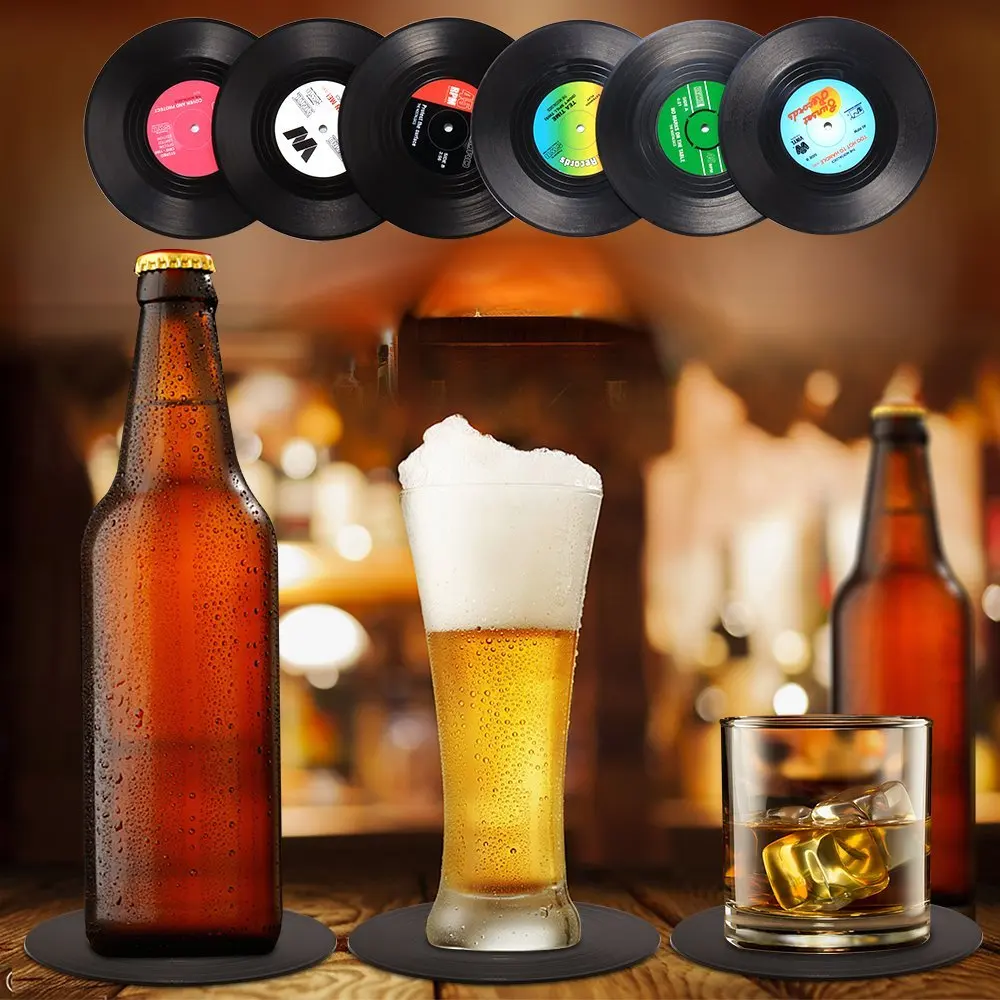 Retro Record Disc Design Drink Vinyl Coasters Non-slip Cup Bottle Mats 6PCS