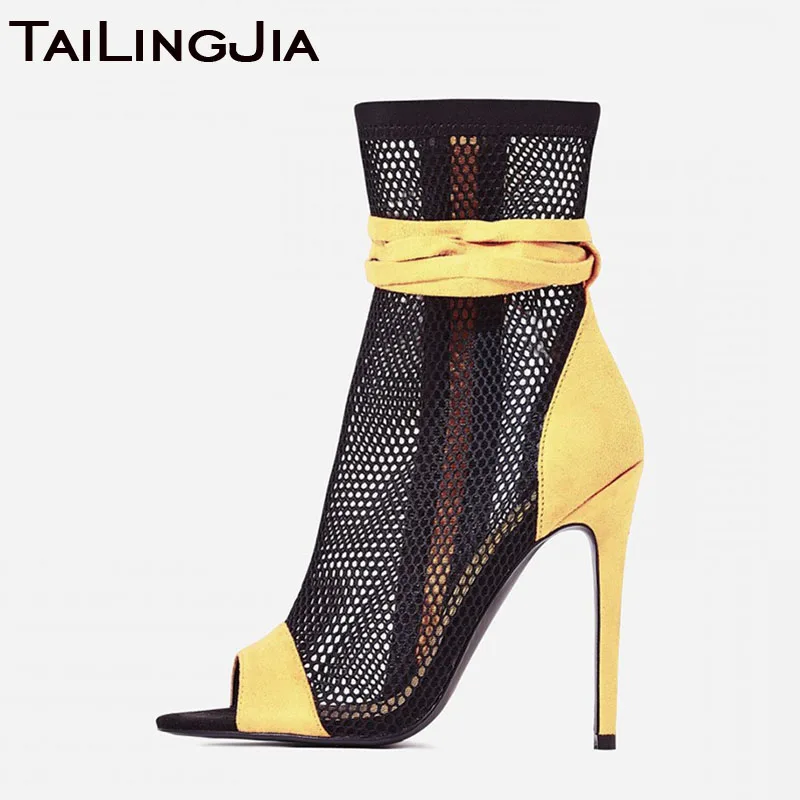

Summer Yellow Mesh Woman Short Boots Women Ankel Boots Peep Toe Zipper Fish Mouth Heels Handmade Brand High Quality Boots 2019