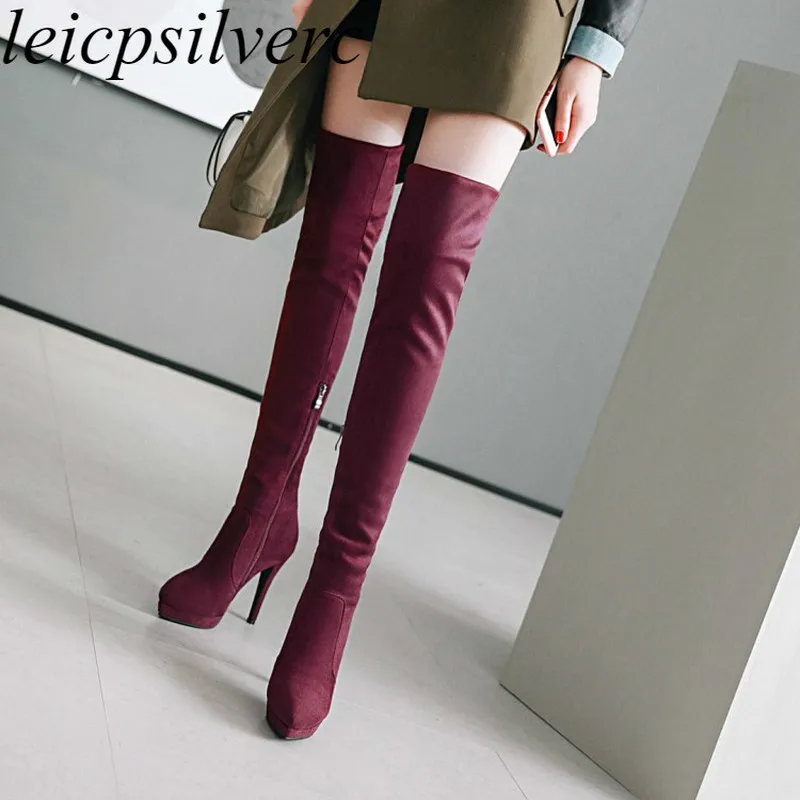 

Women's Boots Autumn Winter Super High Heel Pointed Toe Over-the Knee Zip Flock Platform Motorcycle Boots 2019 New Sexy Fashion