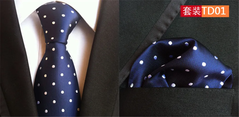 

CityRaider Brand New White Dot Print Blue Mens Necktie Slim Silk Neck Ties For Men Pocket Square With Match Tie 2Pcs Set CR018