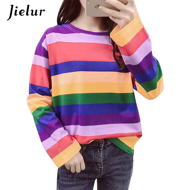 Jielur 2019 корейский стиль Harajuku футболка Повседневная радужная полоса женская
