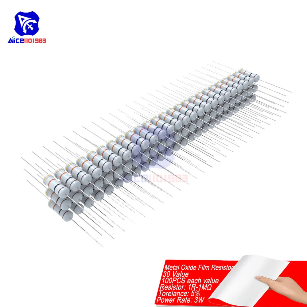 

100PCS Metal Oxide Film Resistor 5% 3W 1R-1MΩ 1R 4.7R 10R 100R 220R 1K 2.2K 4.7K 6.8K 10K 22K 47K 100K 470K 1MΩ Ohm Resistance