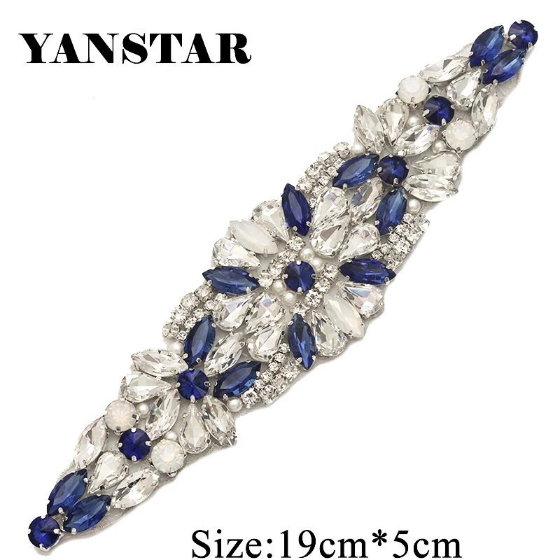 

YANSTAR(1pcs) Bridal Sash Silver and blue Crystal Rhinestones Appliques Iron On For Wedding Dress Sash wedding decoration YS934B