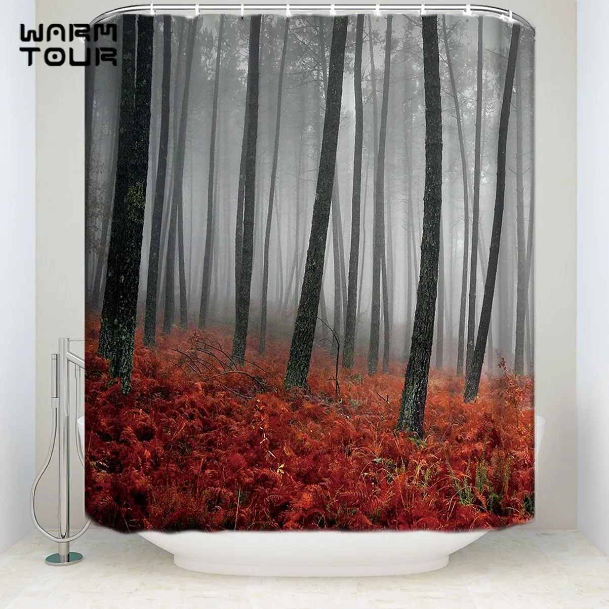 Bath Shower Curtains 36 x 78 Inches Mystic Forest Red Grass Tree Grey