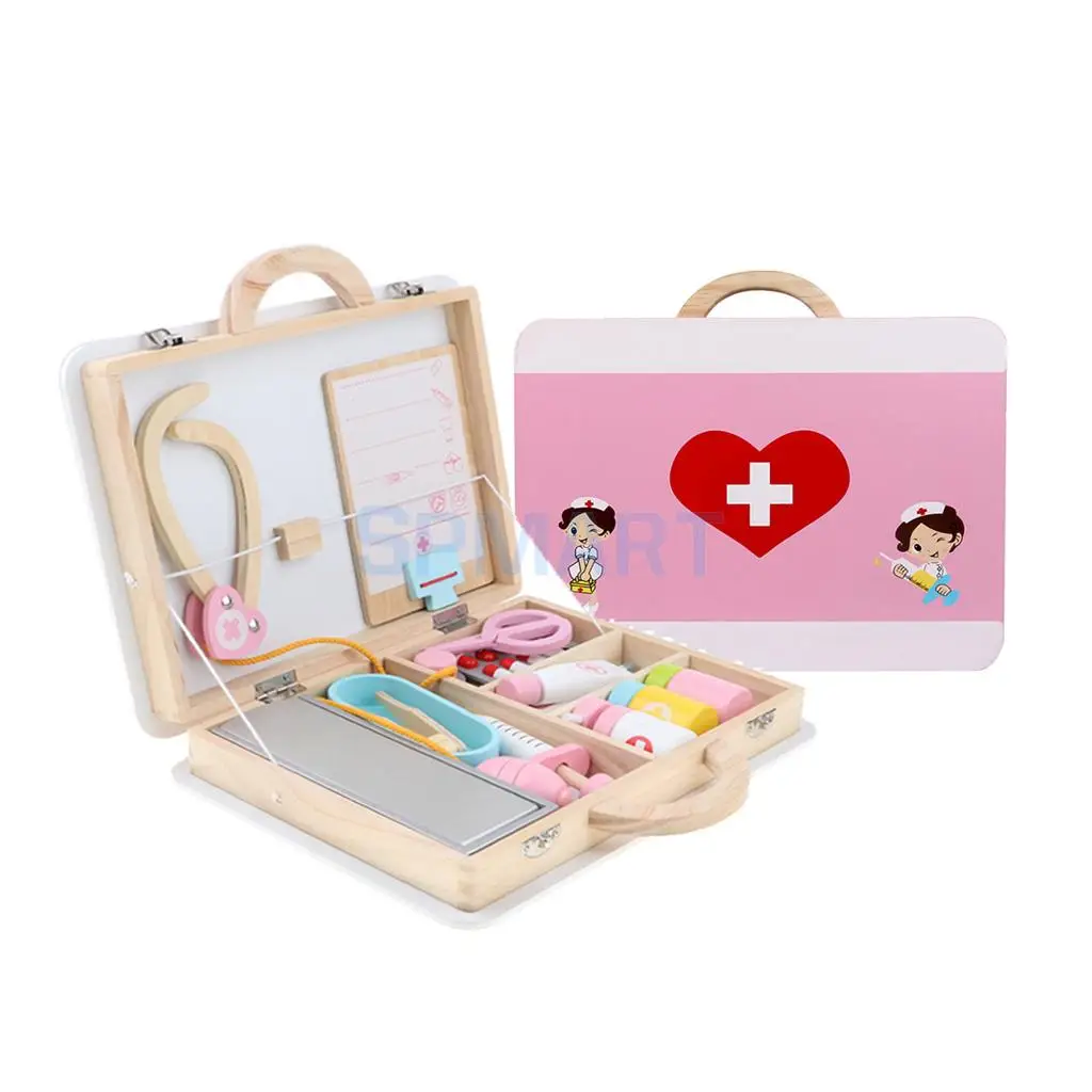 15 Pieces Wooden Doctor Nurse Medical Box Carry Case Suitcase Children Role Playing Set Kids Early Educational Toy Play Activity