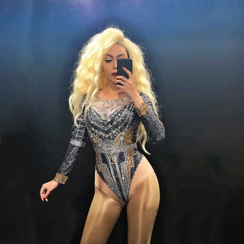 

Fashion Crystals Singer Leotard Long Coat Festival Outfit Sexy Bodysuit Stage Performance Party Luxurious Shining Dance Costume