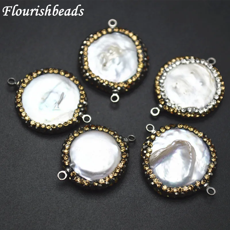 

Two Loops Paved Crystal on Side Natural White Fresh Water Pearl Flat Round Coin Button Beads Jewelry Connectors