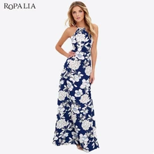 ROPALIA Vestidos Verano 2018 висит шеи макси с принтом Boho Летнее платье Холтер шеи без рукавов скольжения платья Пляжное длинное платье