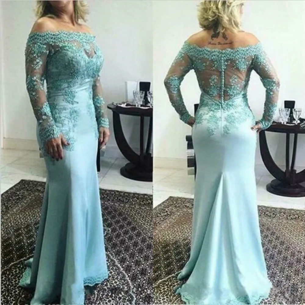 2019 Elegante Moeder van de Bruid Jurken Off Shoulder Kant Geappliceerd Lange Mouwen Avondjurken Floor Lengte Bruiloft Gast Jurk 2019 Elegante Moeder van de Bruid Jurken Off Shoulder Kant Geappliceerd Lange Mouwen Avondjurken Floor Lengte Bruiloft Gast Jurk