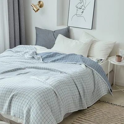 Junwell хлопковое муслиновое одеяло для кровати, дивана, путешествий, дышащее простое клетчатое большое мягкое одеяло, Para одеяло - Цвет: Blue