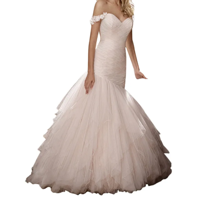 Русалка свадебное платье 2017 Плиссированные Длинные Пышные спинки с плеча