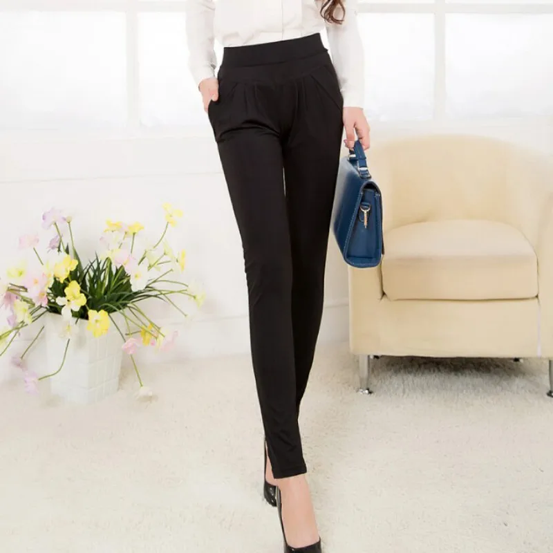 

New Style Office Ladies Work Wear Trousers Black Pockets Tie Waist Wide Leg Cropped Pants