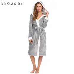 Ekouaer женская пижама ночная рубашка кимоно Халат с капюшоном Халаты с длинным рукавом мягкий плюшевый длинный халат для ванной халаты