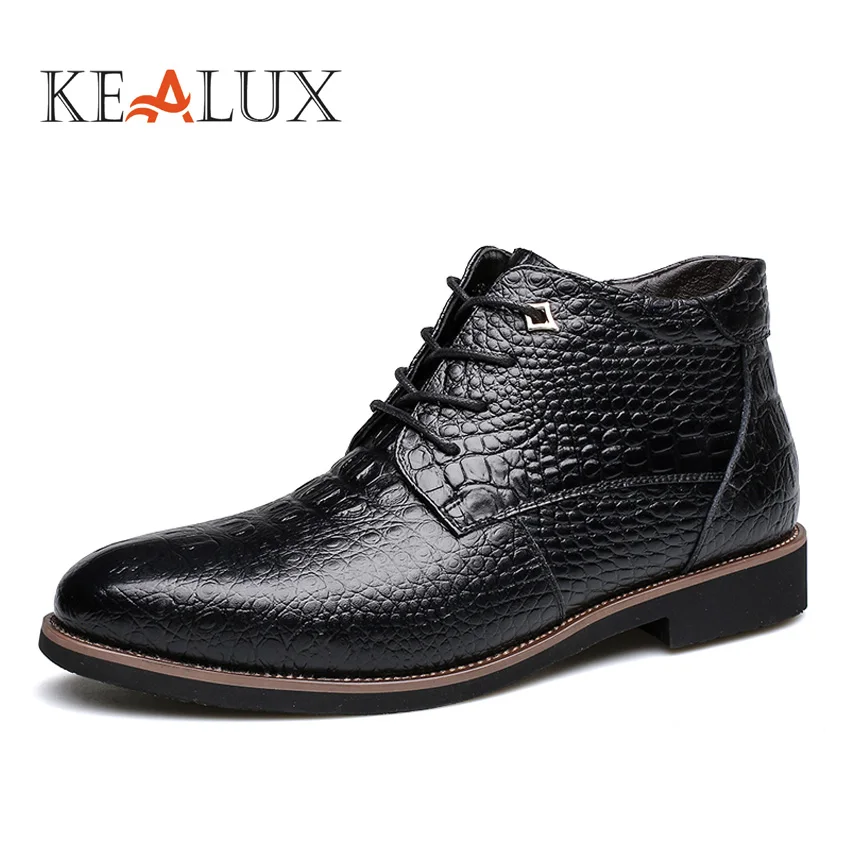

Kealux Plus Size 38-46 New Winter Mens Fashion Fur Snow Boots High Quality Genuine Leather Casual Ankle Crocodile Boots Warm