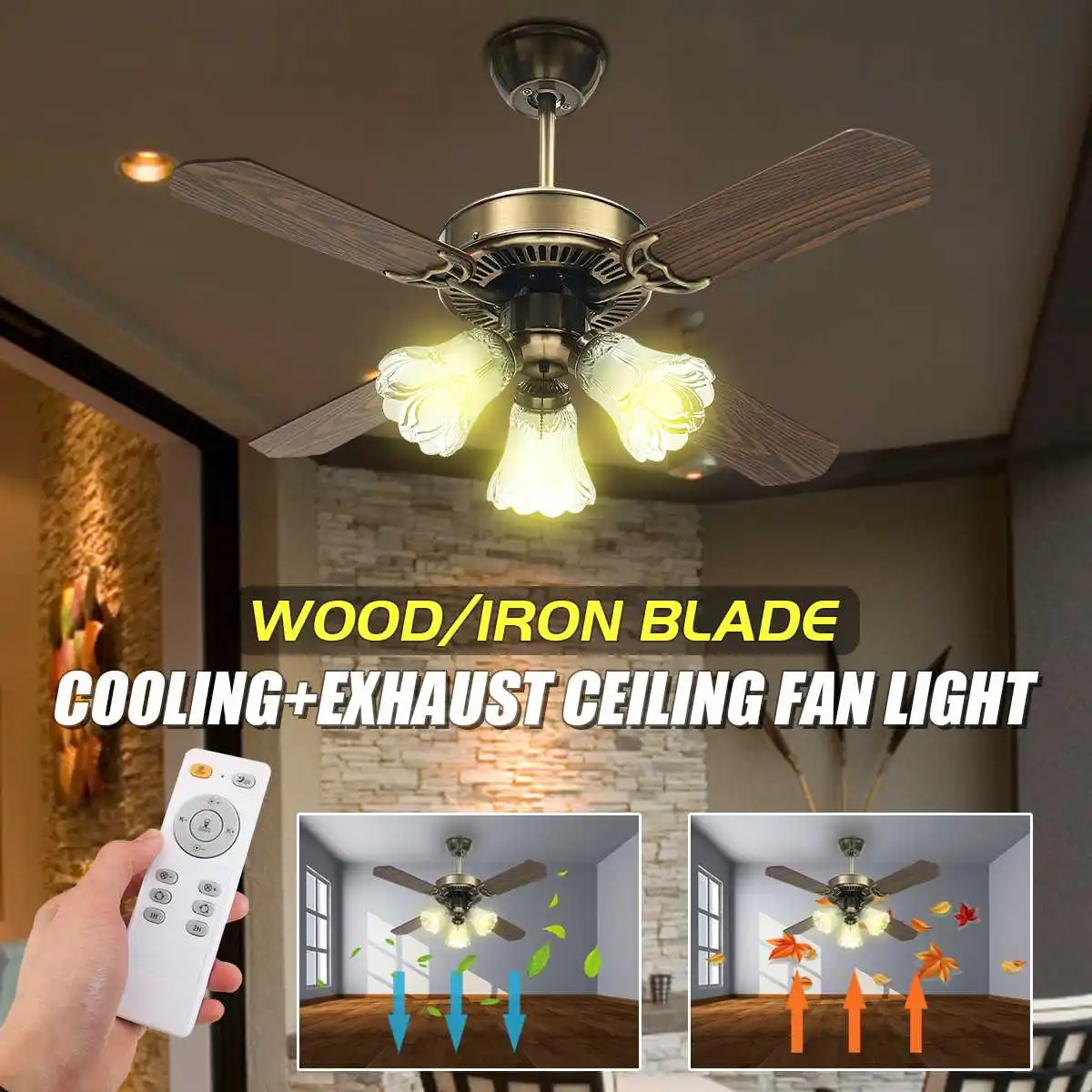 

36Inch Antique Ceiling Fan with E27 Bulbs AC110-240V with Wire+Romote Control 3 Speeds for Living Room Ceiling Fans