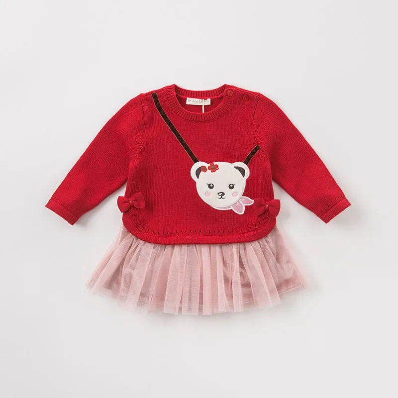 DBJ7862 dave bella baby Knitted Dress girls long sleeve autumn dresses kids red clothes children birthday party boutique dress