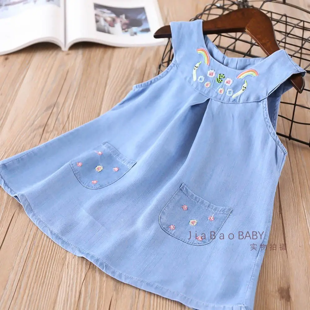 Babies Denim Dresses Kids Girls Embroidery Floral Dress Baby Girls