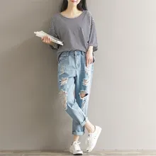 Новые летние Для женщин бойфренд, с высокой талией джинсы Повседневное размера плюс, женские рваные джинсовые брюки свободные Рваные джинсы