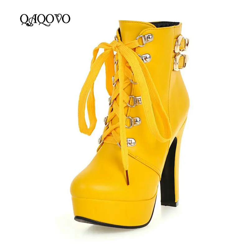 

Women Ankle Boots Square High Heel Martin Boots Fashion Cross Tied Platform Round Toe Autumn Winter Shoes Black Yellow White
